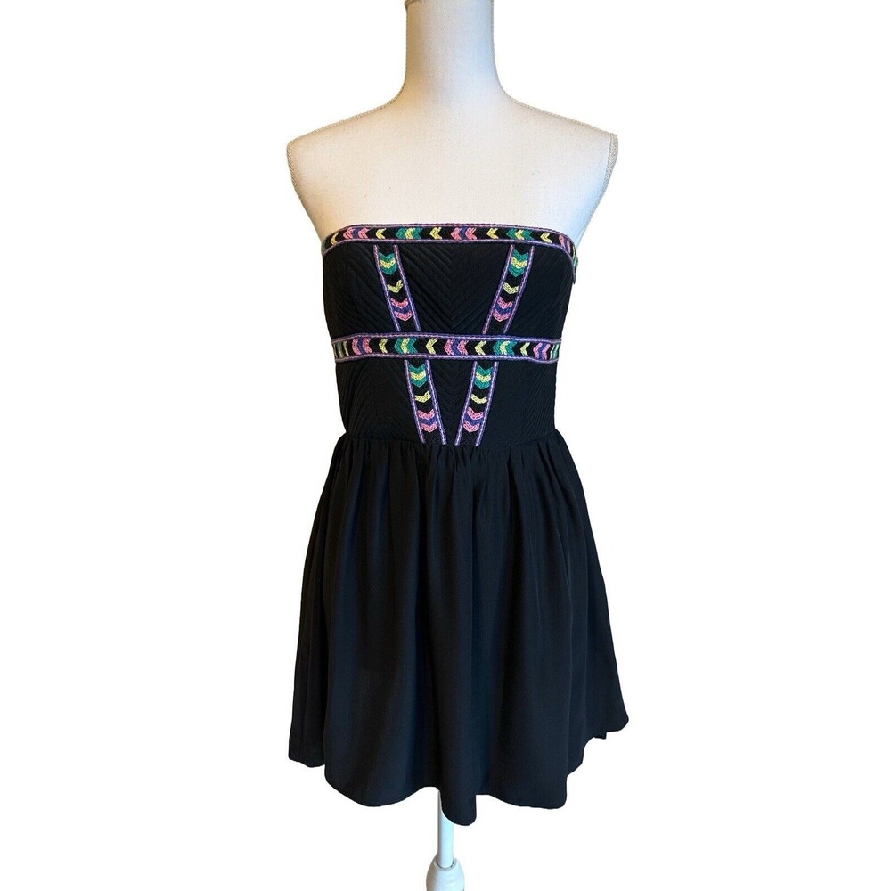 Parker Women's S Silk Black Mini Dress w/ Embroidery Strapless Small